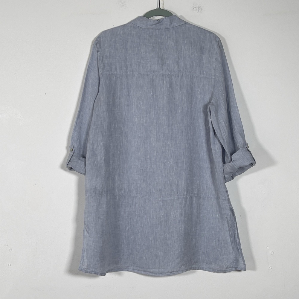 Tahari 100% Linen Tunic Shirt Womens Sz L Blue Roll Tab Sleeves Relaxed - Picture 5 of 12